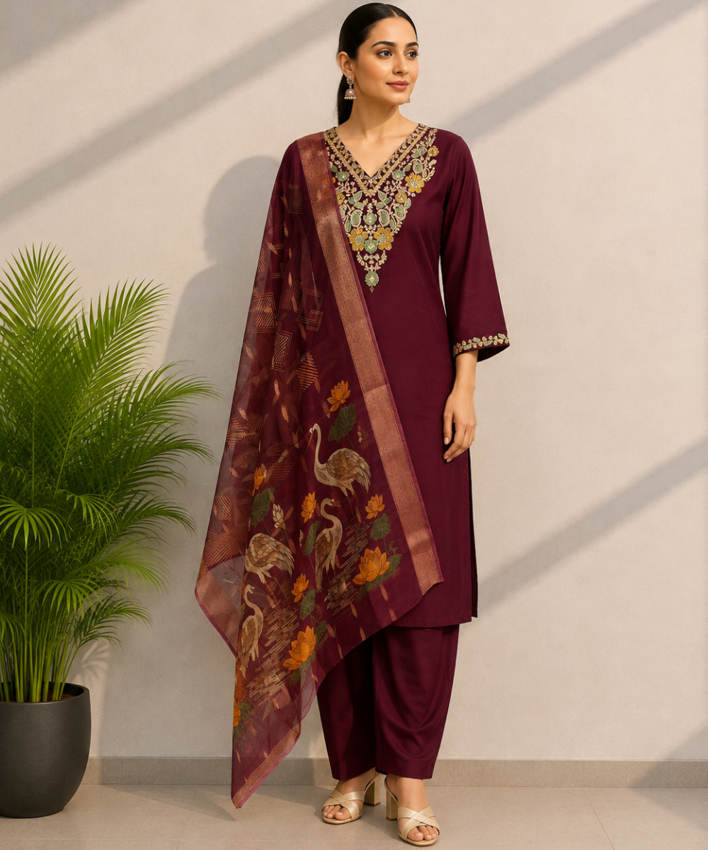 Maroon Embroidered Coord Set DR-511 wholesale 3 Piece Suit